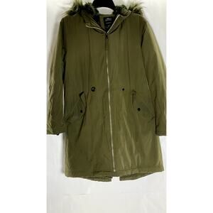 MAVI DENIM WEAR Women's Green Olive Zip-Up Faux-Fur Hooded Back Parka Jacket SZS